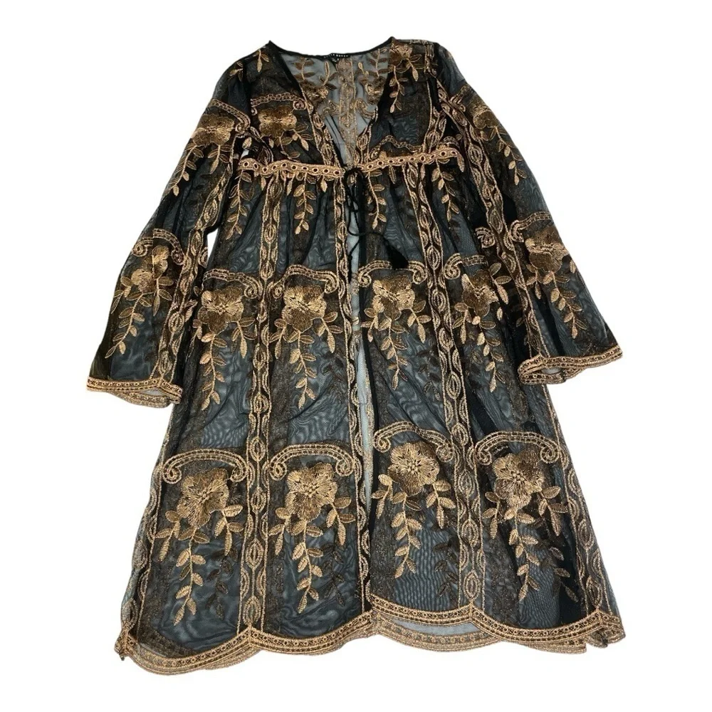 Haute Monde Kimono Duster Robe Jacket Women Size L Bronze Embroidery Boho Retro